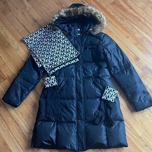 Michael Kors black Puffer Jacket with Faux Fur Hood Scarf and Gloves